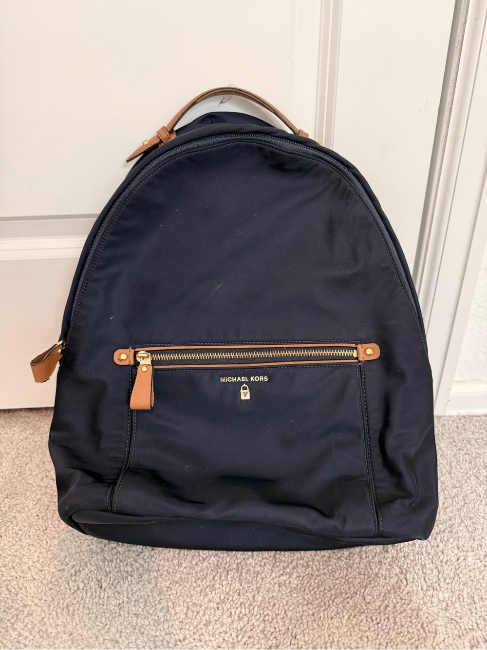 Michael Kors Navy Nylon Backpack with Tan Leather Accents